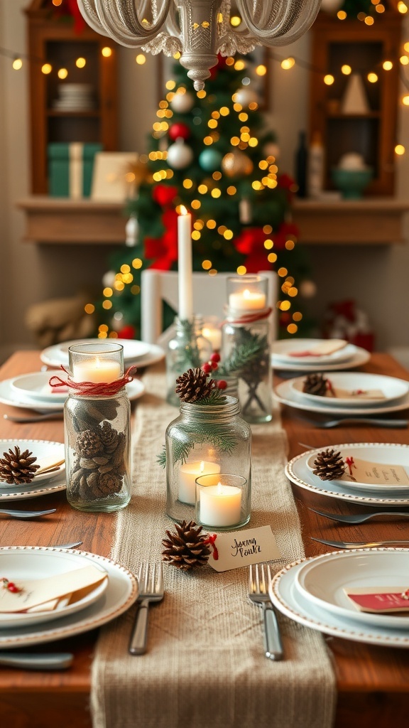A festive Christmas table with DIY decorations, including mason jars, burlap runner, and colorful place settings.